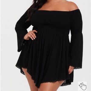 Torrid black smocked off-shoulder swim cover-up